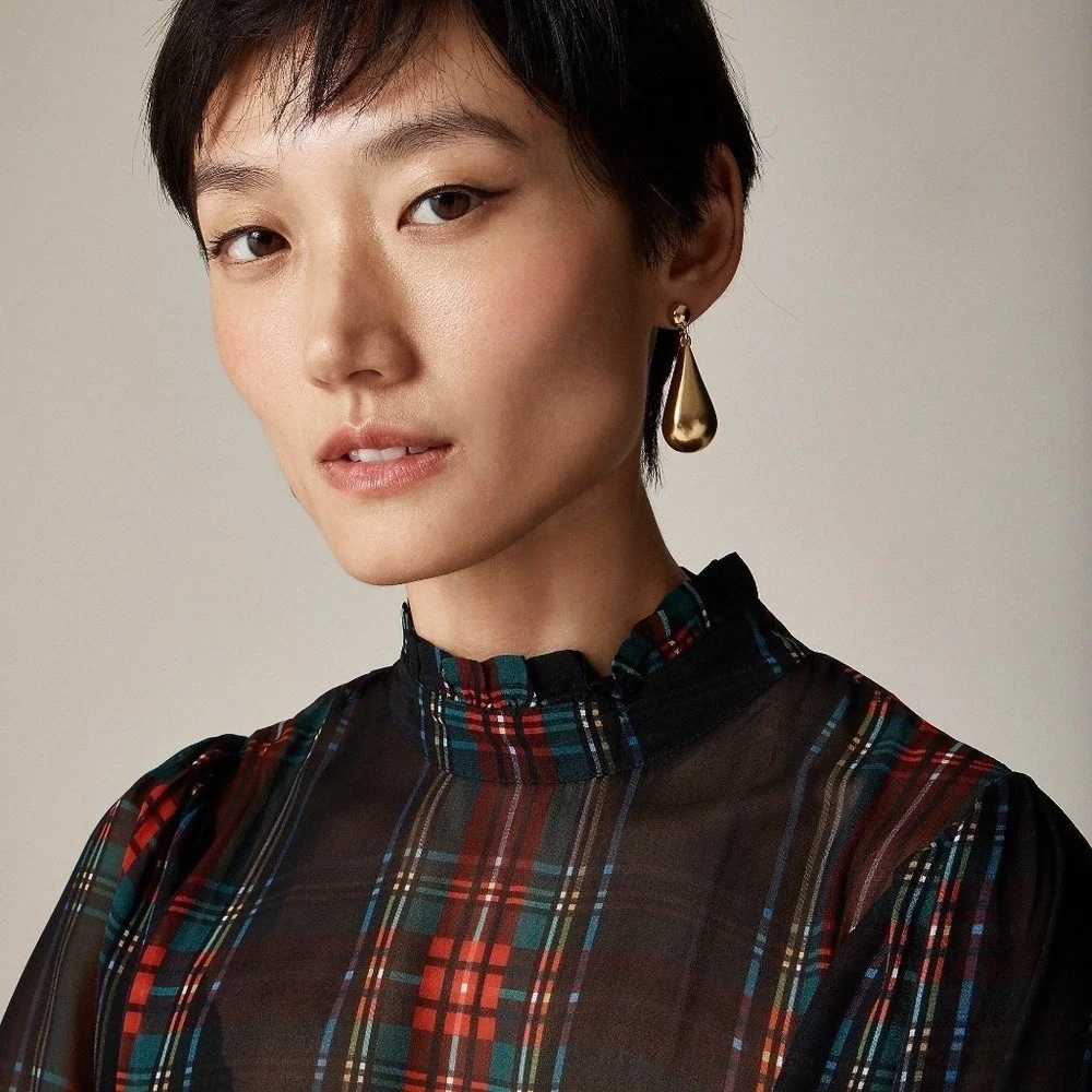 NWT! J. CREW Ruffleneck Top Stewart Tartan Plaid Chiffon Festive Preppy XX-Small